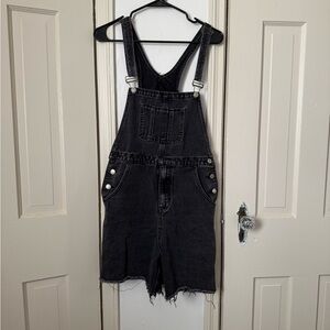 Black Washed Denim Shorts Overalls